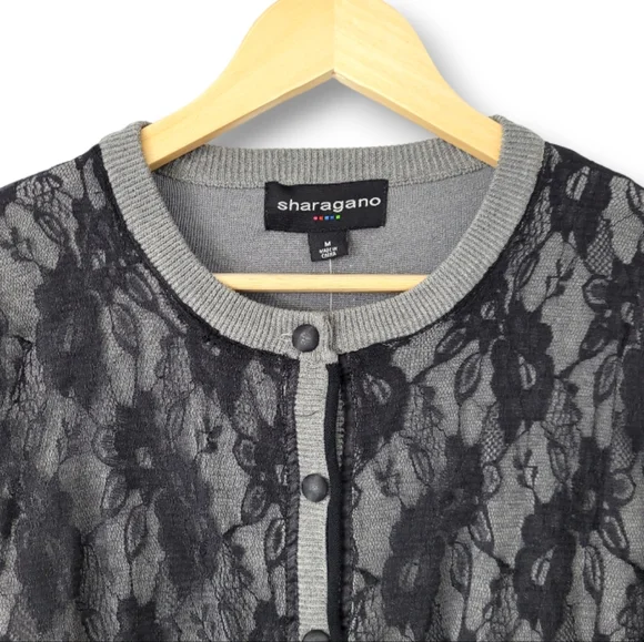 Sharagano Grey Black Lace Button Up, Long Sleeve Cardigan Sweater, M - Picture 6 of 6
